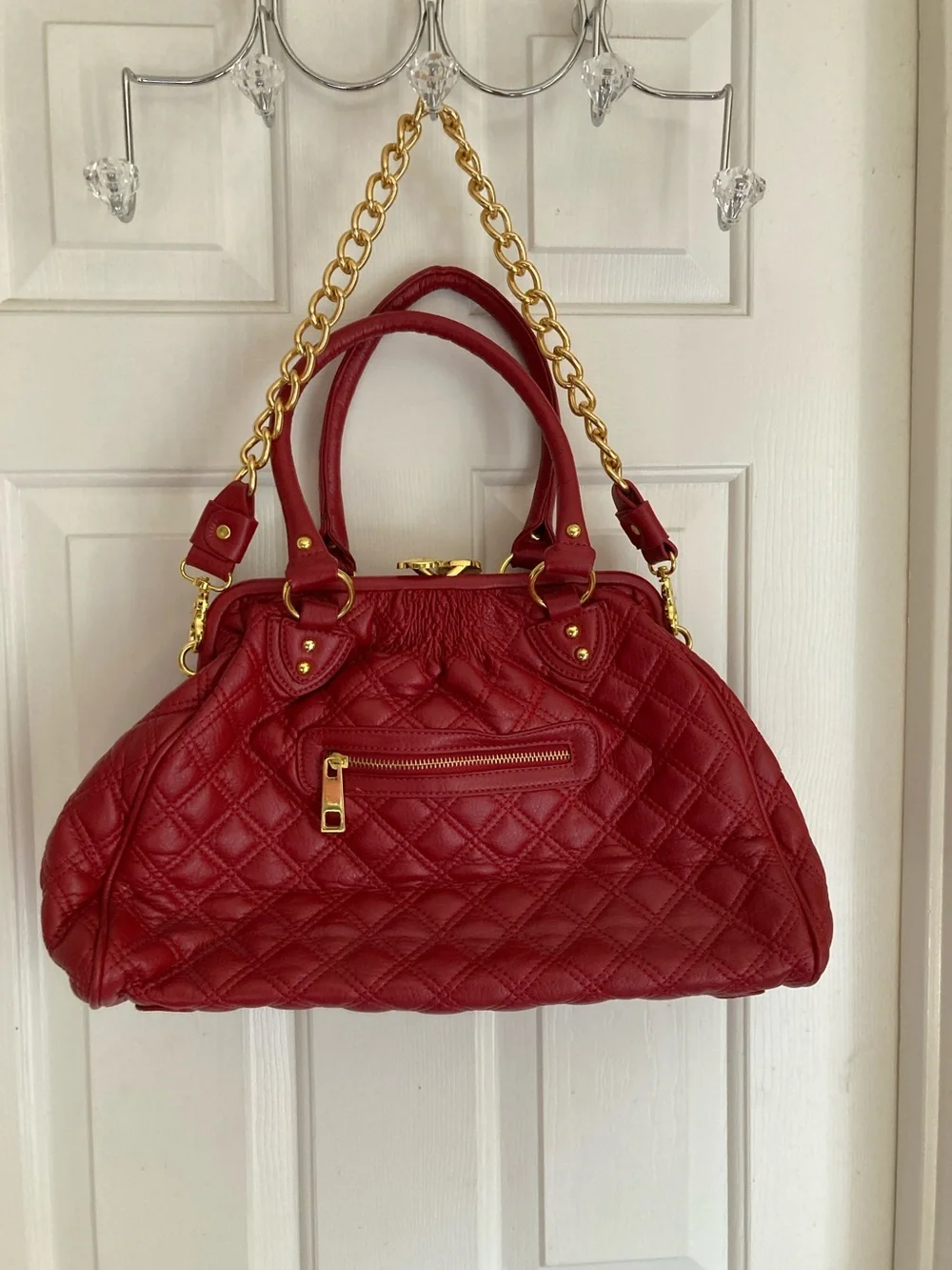 Quilted Red Satchel Handbag with Gold Chain Strap